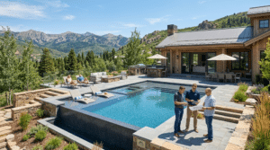 A collaborative team of designers, engineers, and a homeowner reviews blueprints next to a beautiful new custom infinity pool at a luxury mountain home in Park City, Utah. The image captures the natural stone features, terraced landscape, and vibrant mountain scenery inherent in local custom pool design planning