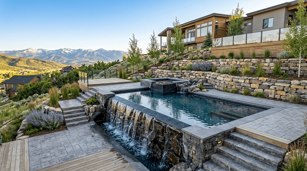 A modern custom swimming pool built on a steep hill in Park City, Utah, featuring cascading retaining walls and an infinity edge overlooking mountains. This image illustrates how expert design can turn terrain challenges into luxurious features