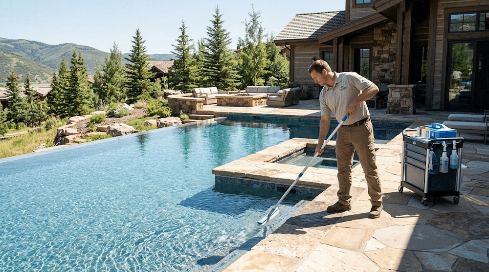 A professional technician performs luxury pool maintenance on a custom infinity pool at a mountain estate in Utah, carefully brushing the waterline tile. A service cart with testing kits sits on the flagstone patio alongside the sparkling water, while pine trees and rolling mountains frame the background